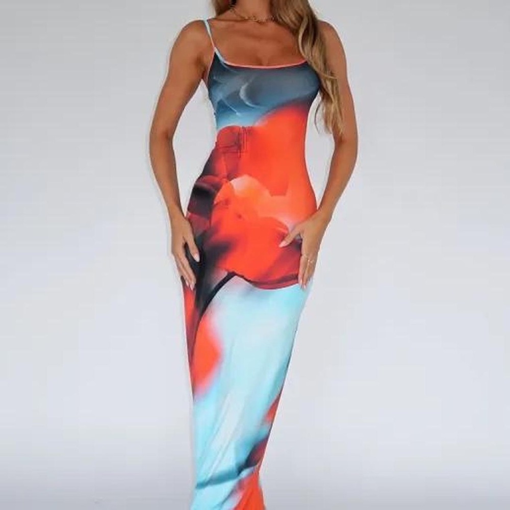 White Fox Boutique Red & Light Blue Abstract Maxi Dress